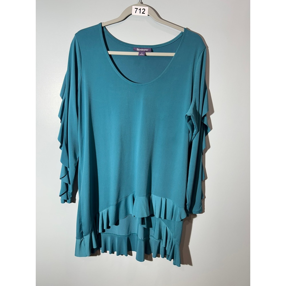 Roaman's Women Teal Blue Ruffle Sleeve Tiered High Low Hem Tunic Top Size 12 S